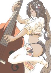 Rule 34 | 1girl, azur lane, bare shoulders, black hair, braid, breasts, bu4321, commentary request, crop top, dark-skinned female, dark skin, double bass, feather hair ornament, feathers, hair between eyes, feather hair ornament, hair ornament, highres, instrument, jewelry, large breasts, long hair, native american, necklace, shorts, solo, south dakota (azur lane), thighhighs, thighs, white background