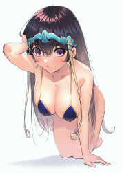 Rule 34 | absurdres, bad id, bad pixiv id, bare shoulders, bikini, blush, breasts, brown hair, cleavage, collarbone, earrings, fate/grand order, fate (series), hand in own hair, headpiece, highres, hoop earrings, jewelry, large breasts, long hair, looking at viewer, puckered lips, purple bikini, purple eyes, revision, simple background, sungwon, swimsuit, thighs, xuangzang sanzang (fate)