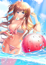Rule 34 | 1girl, absurdres, bad id, bad pixiv id, ball, beachball, bikini, bird, blue eyes, bow, breasts, brown hair, day, front-tie bikini top, front-tie top, hair bow, hair ornament, hairclip, halterneck, highres, large breasts, long hair, looking at viewer, navel, ocean, one side up, original, outdoors, partially underwater shot, pink bow, side-tie bikini bottom, sky, smile, solo, standing, strap gap, string bikini, striped bikini, striped clothes, swimsuit, vertical-striped bikini, vertical-striped clothes, very long hair, wading, water, water drop, watermelon beachball, wet, wind, x hair ornament, zhuang yao