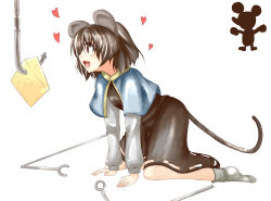 Rule 34 | 1girl, all fours, animal ears, capelet, cheese, female focus, food, grey hair, heart, hook, long sleeves, mamoi, mickey mouse, mini person, minigirl, mouse ears, mouse tail, nazrin, short hair, silhouette, skirt, smile, socks, solo, tail, touhou