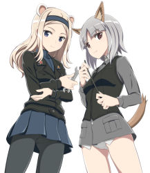 Rule 34 | 10s, 2girls, aleksandra i. pokryshkin, animal ears, black pantyhose, blonde hair, blue eyes, blush, brave witches, brown eyes, crossed arms, edytha rossmann, fox ears, fox tail, from below, hairband, holding, jacket, leather, leather jacket, long hair, looking at viewer, military, military uniform, multiple girls, nanashino, panties, panties under pantyhose, pantyhose, pleated skirt, pointer, short hair, silver hair, skirt, smile, tail, underwear, uniform, vest, white panties, world witches series, wrench