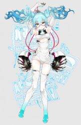 Rule 34 | 1girl, armpits, arms up, bespectacled, blue eyes, blue hair, boots, elbow gloves, glasses, gloves, hatsune miku, kissai, leotard, long hair, matching hair/eyes, model building, race queen, racing miku, racing miku (2014), solo, thigh boots, thighhighs, twintails, vocaloid