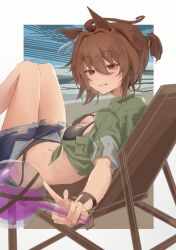 Rule 34 | 1girl, absurdres, agnes tachyon (lunatic lab) (umamusume), agnes tachyon (umamusume), ahoge, animal ears, bandolier, bikini, black bikini, border, bracelet, breasts, brown hair, cleavage, commentary, criss-cross halter, denim, denim shorts, ear ornament, flask, green jacket, grin, hair between eyes, halterneck, highres, holding, holding flask, horse ears, horse girl, horse tail, jacket, jewelry, looking at viewer, medium breasts, navel, on chair, open fly, outdoors, red eyes, round-bottom flask, sei (bigaa), short hair, shorts, sleeves rolled up, smile, solo, swimsuit, tail, teeth, thigh strap, tied jacket, umamusume, v, white border, wooden chair
