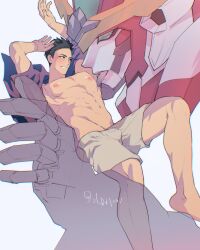 Rule 34 | 2boys, absurdres, ao isami, arms up, bare pectorals, black hair, blush, bravern, facial hair, highres, invisible man, licking, licking armpit, llld (2ldk1241), male focus, mecha, multiple boys, official alternate costume, pectorals, robot, shorts, sideburns stubble, size difference, smile, stubble, super robot, thick eyebrows, toned, toned male, yaoi, yuuki bakuhatsu bang bravern