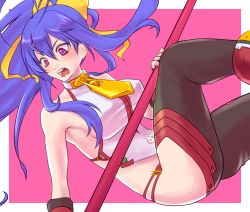 Rule 34 | &gt;:o, 1girl, :o, angry, antenna hair, armpits, backless outfit, bad id, bad pixiv id, bare shoulders, black hair, black pants, blazblue, blazblue: central fiction, blazblue variable heart, blue hair, boots, bow, breasts, fingerless gloves, genderswap, genderswap (mtf), gloves, haiero, hair between eyes, hair bow, hair ribbon, halterneck, high heel boots, high heels, holding, holding weapon, large breasts, long hair, lowleg, lowleg pants, lowres, mai natsume, midair, midriff, navel, no bra, no panties, open mouth, pants, polearm, ponytail, purple eyes, red eyes, red gloves, revealing clothes, ribbon, sideboob, sidelocks, solo, spear, thighs, v-shaped eyebrows, very long hair, weapon, yellow bow