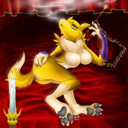 Rule 34 | 1girl, animal ears, animal hands, ass, barefoot, bed, breasts, candle, cigarette, cigarette holder, digimon, digimon (creature), feet, female focus, furry, furry female, nude, pawpads, renamon, smoking, soles, solo, tail, toes