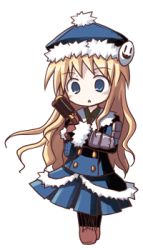 Rule 34 | 1girl, arm guards, armor, atlus, badge, blonde hair, blue dress, blue hair, blue hat, blush, boots, brown footwear, brown gloves, buttons, chestnut mouth, dorua (dollar), double-breasted, dress, etrian odyssey, full body, fur-trimmed sleeves, fur trim, gloves, gun, gunner (sekaiju), handgun, hat, holding, holding gun, holding weapon, jack frost (megami tensei), knee boots, long hair, long sleeves, lowres, open mouth, pistol, solo, standing, tareme, very long hair, weapon