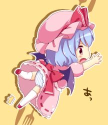 Rule 34 | 1girl, ^^^, bat wings, blue hair, blush, chibi, fang, female focus, hat, hat ribbon, irori, open mouth, outline, panties, red eyes, remilia scarlet, ribbon, solo, striped clothes, striped panties, sweatdrop, thighhighs, touhou, translation request, underwear, white thighhighs, wings