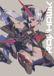 Rule 34 | 1girl, breasts, covered navel, dual wielding, grey hair, holding, holding sword, holding weapon, jumping, leotard, long hair, mecha musume, mk-5, original, pink eyes, skin tight, small breasts, sword, weapon