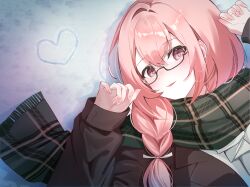 1girl coat fingernails glasses hair_between_eyes heart highres long_hair looking_at_viewer lying parted_lips pink_eyes pink_hair scarf sidelocks smile solo tsukishiro_yanagi upper_body watermelon_m95584 zenless_zone_zero