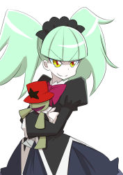 Rule 34 | 10s, 1girl, biburi (precure), black shirt, black skirt, blunt bangs, closed mouth, crossed arms, female focus, green hair, happy, hat, holding, juliet sleeves, kirakira precure a la mode, long sleeves, maid headdress, mikomo, multicolored eyes, precure, puffy sleeves, red eyes, red hat, shirt, simple background, skirt, smile, solo, standing, star (symbol), stuffed animal, stuffed toy, top hat, twintails, white background, yellow eyes
