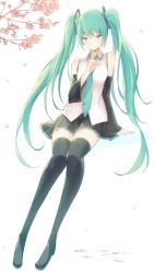 Rule 34 | 1girl, bad id, bad pixiv id, black footwear, black thighhighs, blush, boots, branch, breasts, cherry blossoms, detached sleeves, finger to mouth, flower, full body, green eyes, green hair, hatsune miku, highres, invisible chair, invisible wall, knees together feet apart, light blush, long hair, looking at viewer, medium breasts, necktie, petals, pleated skirt, ryuga (balius), sitting, skirt, solo, thigh boots, thighhighs, thighs, tree, twintails, very long hair, vocaloid, white background, zettai ryouiki