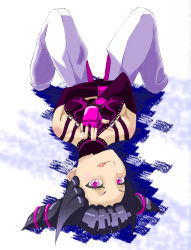 Rule 34 | 1girl, bare shoulders, black hair, bracelet, capcom, detached sleeves, elbow gloves, fingerless gloves, gloves, hair ornament, han juri, highres, jewelry, licking lips, looking at viewer, lying, on back, pointy hair, purple eyes, short hair, solo, spiked bracelet, spikes, street fighter, street fighter iv (series), tongue, tongue out, twintails, upside-down, yagoron