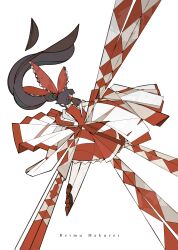 Rule 34 | 1girl, absurdres, adapted costume, bow, brown footwear, brown hair, character name, commentary request, detached sleeves, facing away, floating hair, frilled bow, frills, from behind, full body, hair bow, hair tubes, hakurei reimu, harano kaguyama, highres, long hair, long sleeves, looking away, ponytail, red eyes, red skirt, red vest, ribbon, sidelocks, simple background, skirt, skirt set, solo, touhou, vest, white background, white sleeves, wide sleeves