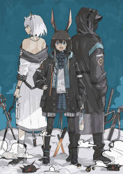 Rule 34 | 1other, 2girls, amiya (arknights), animal ears, arknights, ascot, bag, bare shoulders, black footwear, black legwear, blue ascot, blue background, blue eyes, boots, brown hair, clothes writing, coat, doctor (arknights), frilled ascot, frills, hand on own hip, hat, holding, hood, hood up, hooded coat, hooded jacket, jacket, kal&#039;tsit (arknights), lococo:p, long sleeves, multiple girls, open mouth, pants, pantyhose, plaid, plaid skirt, planted, pouch, rabbit ears, short hair, short hair with long locks, skirt, smoke, weapon, white hair