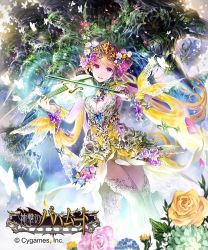 Rule 34 | 10s, 1girl, :d, blonde hair, blue flower, breasts, cleavage, copyright name, dress, floating hair, flower, hair flower, hair ornament, hakou (barasensou), holding, holding instrument, holding violin, instrument, long hair, looking at viewer, medium breasts, music, open mouth, playing instrument, purple flower, red eyes, shingeki no bahamut, sleeveless, sleeveless dress, smile, solo, thighhighs, very long hair, violin, white flower, white thighhighs, yellow dress, yellow flower