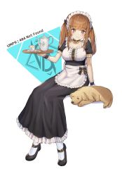 Rule 34 | 1girl, 404 logo (girls&#039; frontline), absurdres, alternate costume, apron, artist request, brown hair, center frills, cup, dog, dress, english text, enmaided, frilled cuffs, frilled dress, frills, full body, girls&#039; frontline, highres, invisible chair, maid, maid apron, maid headdress, pantyhose, purple eyes, saucer, scar, scar across eye, scar on face, sitting, sleeping, solo, tea, teacup, teapot, tray, ump9 (girls&#039; frontline), white background, white pantyhose