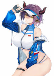 Rule 34 | 1girl, absurdres, animal ears, arknights, bad id, bad pixiv id, bikini, blue jacket, blush, breasts, cow ears, cow girl, cow horns, highres, horns, jacket, large breasts, looking at viewer, official alternate costume, open clothes, open jacket, purple hair, ritalem, short hair, sideroca (arknights), sideroca (light breeze) (arknights), simple background, smile, solo, swimsuit, thigh strap, visor cap, white background, white bikini, yellow eyes