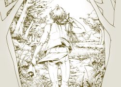 Rule 34 | 1boy, character request, commentary request, final fantasy, final fantasy ii, forest, iuko, lake, long hair, male focus, midriff, monochrome, nature, river, solo, tree