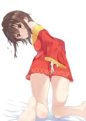 Rule 34 | 1girl, absurdres, bare legs, bare shoulders, barefoot, bed sheet, blush, brown eyes, brown hair, cac itinose, commentary request, covering privates, covering ass, dress, flying sweatdrops, hair between eyes, highres, kneeling, kono subarashii sekai ni shukufuku wo!, long hair, long sleeves, megumin, off shoulder, parted lips, red dress, short dress, sleeves past wrists, soles, solo, sweat, white background, wide sleeves