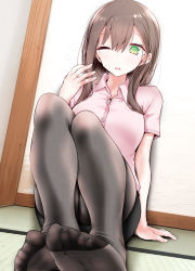 Rule 34 | 1girl, @ @, arm support, black pantyhose, black skirt, blush, breasts, collared shirt, fanning face, feet, hair between eyes, hand up, highres, hot, indoors, legs together, long hair, looking at viewer, no shoes, ol-chan (oouso), on floor, one eye closed, oouso, open mouth, original, pantyhose, pink shirt, shirt, short sleeves, sidelocks, sitting, skirt, soles, solo, sweat, toes