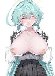 Rule 34 | 1girl, :d, absurdres, ahoge, bandaid, bandaids on nipples, black gloves, black skirt, blue archive, blue hair, blush, breasts, breasts out, closed eyes, clothes pull, gloves, halo, highres, large breasts, long hair, long sleeves, open mouth, partially unbuttoned, pasties, pleated skirt, pulling own clothes, round teeth, sagging breasts, shirt, shirt pull, shirt tucked in, skirt, smile, solo, sweat, teeth, upper teeth only, very long hair, vivo (vivo sun 0222), white shirt, yume (blue archive)