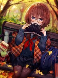 Rule 34 | 1girl, apple, autumn, autumn leaves, bag, bench, black-framed eyewear, black sailor collar, black skirt, blue sweater, blush, book, brown hair, brown pantyhose, commentary request, covered mouth, dutch angle, food, fringe trim, fruit, ginkgo leaf, glasses, green apple, hair between eyes, hair over shoulder, highres, holding, holding book, kawachi rin, leaf, long hair, long sleeves, looking at viewer, maple leaf, neckerchief, on bench, open book, original, pantyhose, park bench, plaid, pleated skirt, purple eyes, red neckerchief, round eyewear, sailor collar, sandwich, school bag, school uniform, serafuku, shawl, sitting, skirt, sleeves past wrists, solo, sweater, thermos, tree
