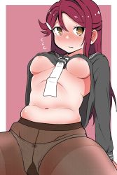 Rule 34 | 10s, 1girl, areola slip, arm support, arms behind back, between breasts, black pantyhose, black shirt, blouse, blush, bow, bow panties, breasts, closed mouth, clothes lift, commentary, flying sweatdrops, gusset, hair ornament, hairclip, highres, kumaneko (kumaneko1138), leaning back, light frown, long hair, long sleeves, looking at viewer, love live!, love live! sunshine!!, medium breasts, navel, neckerchief, necktie, necktie between breasts, no bra, panties, panties under pantyhose, pantyhose, red hair, sakurauchi riko, school uniform, serafuku, shirt, shirt lift, simple background, sitting, skindentation, solo, stomach tattoo, tattoo, thighband pantyhose, underboob, underwear, white neckerchief, white panties, yellow eyes