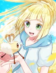 Rule 34 | 1girl, blonde hair, blunt bangs, cloud, cloudy sky, colored eyelashes, creatures (company), cutiefly, day, field, flower, flower field, game freak, gen 7 pokemon, green eyes, highres, holding, holding pokemon, lillie (pokemon), long hair, nintendo, open mouth, petals, pokemon, pokemon (creature), pokemon sm, ponytail, rikurou, shirt, sky, smile, teeth, upper teeth only, white shirt