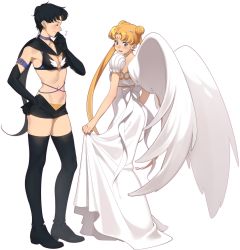 Rule 34 | 1990s (style), 2girls, absurdres, aconitea, angel wings, bad id, bad pixiv id, beads, bikini, bikini top only, bishoujo senshi sailor moon, bishoujo senshi sailor moon sailor stars, bishoujo senshi sailor moon stars, black footwear, black gloves, black hair, black legwear, blonde hair, blue eyes, blush, boots, bow, breasts, cleavage, closed eyes, crescent, crescent facial mark, double bun, dress, earrings, elbow gloves, embarrassed, facial mark, gloves, groin, hair beads, hair bun, hair ornament, hair tubes, hand on own hip, highres, jewelry, multiple girls, navel, ponytail, princess serenity, retro artstyle, sailor star fighter, seiya kou, short shorts, shorts, skirt hold, sweatdrop, swimsuit, thigh boots, thighhighs, tsukino usagi, twintails, white background, white bow, white dress, white wings, wings