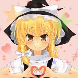 Rule 34 | 1girl, blonde hair, braid, female focus, hat, heart, heart hands, kirisame marisa, shize (coletti), side braid, solo, touhou, witch, witch hat, yellow eyes
