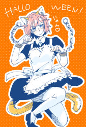 Rule 34 | 1girl, animal ears, apron, blue eyes, cat ears, cat tail, chain, fairy tail, halloween, maid, maid apron, pink hair, shoes, solo, tail, virgo (fairy tail)