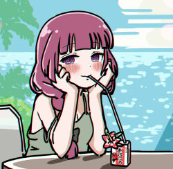 Rule 34 | 1girl, @ @, alcohol, bendy straw, black bow, blush, bocchi the rock!, bow, braid, breasts, carton, cleavage, commentary, dress, drinking straw, drinking straw in mouth, green dress, hair bow, hands on own face, hiroi kikuri, long hair, low-braided long hair, low-tied long hair, medium breasts, ocean, off shoulder, palm tree, purple eyes, purple hair, single braid, small breasts, solo, symbol-only commentary, torako (toramaru), tree