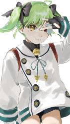 Rule 34 | absurdres, bell, black bow, black gloves, bow, commentary, eyepatch, fingerless gloves, gloves, green hair, hair bow, heterochromia, highres, jingle bell, kani samurai, last period, long sleeves, looking at viewer, short twintails, simple background, twintails, white background