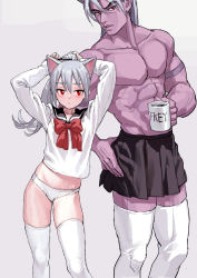 Rule 34 | 1boy, 1girl, abs, animal ears, arm strap, arms up, artist name, black skirt, bow, cat ears, collarbone, colored skin, commentary request, crossdressing, cup, feet out of frame, feiqizi (fkey), fkey, grey background, hair between eyes, hand on own hip, highres, holding, holding mug, long hair, long sleeves, looking at viewer, midriff, miniskirt, mug, muscular, no pants, original, panties, parted lips, pink skin, pleated skirt, ponytail, red bow, red eyes, red neckwear, sailor collar, school uniform, serafuku, silver hair, simple background, skirt, standing, thighhighs, topless male, tying hair, underwear, white panties, white thighhighs, zettai ryouiki