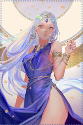 Rule 34 | 1girl, absurdres, armlet, artemis (mythology), bare shoulders, blue gemstone, blue hair, breasts, circlet, closed mouth, commentary, cowboy shot, dated commentary, dress, earrings, english commentary, fingernails, gem, gold bracelet, gold earrings, greek mythology, grey eyes, grey hair, highres, jewelry, large breasts, lips, long hair, looking to the side, multicolored hair, nail polish, purple dress, purple nails, side slit, sideboob, sleeveless, sleeveless dress, solo, star (symbol), streaked hair, very long hair, wowmoto2
