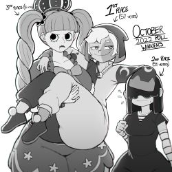 Rule 34 | 1boy, 2girls, androgynous, ass, black hair, blackwhiplash, breasts, carrying, crossover, crown, disgust, drill hair, highres, huge ass, large breasts, long hair, looking at another, looking at viewer, looking to the side, lucy loud, monochrome, multiple girls, one piece, perona, plump, short hair, sideways mouth, simple background, the collector (the owl house), the loud house, the owl house, trap, twintails, very long hair, white background, wide hips