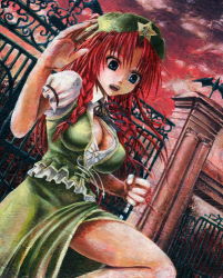 Rule 34 | 1girl, beret, blue eyes, braid, breasts, cleavage, embodiment of scarlet devil, female focus, hat, hong meiling, kabaji, large breasts, long hair, oil painting (medium), open mouth, outdoors, painting (medium), red hair, skirt, sky, solo, touhou, traditional media, twin braids