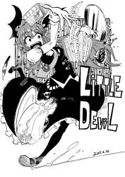 Rule 34 | 1girl, armband, bat wings, book, buttons, cake, character name, clumsy, cup, dated, dress shirt, dropping, english text, eyelashes, fangs, food, full body, greyscale, head wings, heran hei mao, highres, juliet sleeves, koakuma, loafers, long sleeves, monochrome, necktie, nib pen (object), open book, open mouth, paper, pen, plate, pointy ears, puffy sleeves, shirt, shoes, sidelocks, simple background, skirt, skirt set, skull, slipping, spilling, standing, standing on one leg, sweatdrop, teacup, touhou, tray, vest, white background, wide-eyed, wings