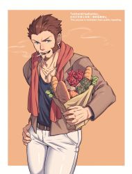 Rule 34 | 1boy, alternate costume, bad id, bad twitter id, baguette, bare pectorals, black tank top, blue eyes, bouquet, bread, brown hair, brown jacket, casual, cigarette, collarbone, contemporary, cross scar, facial hair, fate/grand order, fate (series), flower, food, goatee, hand on own hip, highres, jacket, long sideburns, long sleeves, looking at viewer, male focus, napoleon bonaparte (fate), open clothes, open jacket, pants, pectoral cleavage, pectorals, red scarf, scar, scar on chest, scarf, short hair, sideburns, simple background, smoking, solo, tank top, thighs, toned, toned male, white pants, yaekaidou