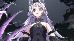 Rule 34 | 1girl, animal ears, armlet, berudora, black bodysuit, black hairband, black sleeves, bodysuit, claw (weapon), claws, collared bodysuit, commentary request, cross-shaped pupils, detached sleeves, electricity, fang, from below, grey eyes, hair intakes, hairband, heterochromia, highres, long hair, looking at viewer, mechanical ears, mismatched pupils, multicolored eyes, no.21: feral scent (punishing: gray raven), no.21 (punishing: gray raven), open mouth, punishing: gray raven, sidelocks, skin fang, solo, symbol-shaped pupils, very long hair, weapon, wolf ears