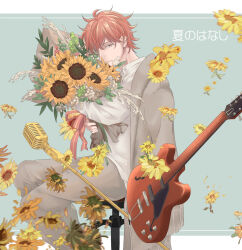 Rule 34 | 1boy, absurdres, bouquet, cardigan, collared shirt, flower, given, guitar, highres, holding, holding bouquet, instrument, jiao, long sleeves, medium hair, microphone stand, open cardigan, open clothes, red eyes, red hair, satou mafuyu, shirt, simple background, sunflower