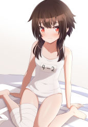 Rule 34 | 1girl, bare arms, bare shoulders, blush, brown hair, bunny1219, collarbone, embarrassed, flat chest, highres, kono subarashii sekai ni shukufuku wo!, looking at viewer, megumin, one-piece swimsuit, red eyes, school swimsuit, short hair with long locks, solo, swimsuit, white one-piece swimsuit