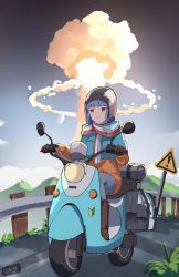 Rule 34 | 1girl, absurdres, blue hair, blue jacket, blue pants, boots, brown footwear, brown gloves, closed mouth, commentary, day, english commentary, explosion, gar32, gloves, helmet, highres, jacket, long sleeves, looking away, motor vehicle, mushroom cloud, outdoors, pants, purple eyes, railing, road, road sign, scarf, scooter, shima rin, sign, sitting, solo, white headwear, yamaha vino, yurucamp