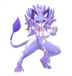 Rule 34 | 1girl, alternate form, animal ears, armlet, bracelet, breasts, cat ears, cat girl, cat tail, claws, colored sclera, earrings, furry, highres, isabella (seiken densetsu 3), jewelry, necklace, no nipples, no pussy, purple fur, purple hair, red sclera, ring, seiken densetsu, seiken densetsu 3, slit pupils, t-t u2, tail