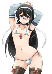 Rule 34 | 10s, 1girl, :&gt;, armpits, arms behind head, arms up, bikini, black-framed eyewear, black hair, black thighhighs, blue eyes, blush, breasts, choker, closed mouth, collarbone, contrapposto, cowboy shot, detached sleeves, eyebrows, front-tie top, glasses, gluteal fold, hairband, halterneck, highres, imagawa akira, kantai collection, lace, lace-trimmed legwear, lace trim, legs apart, long hair, looking at viewer, micro bikini, navel, ooyodo (kancolle), ribbon-trimmed legwear, ribbon trim, semi-rimless eyewear, shiny skin, side-tie bikini bottom, small breasts, smile, solo, standing, string bikini, sweat, swimsuit, thighhighs, under-rim eyewear, white bikini