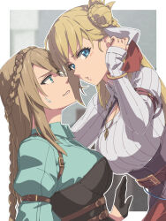 2girls agnes_claudel black_gloves blonde_hair blue_eyes bracelet braid breasts brown_hair bun_with_braided_base chiharu_(9654784) cleavage_cutout clothing_cutout crown_braid eiyuu_densetsu elaine_auclair gloves green_eyes hair_between_eyes hair_bun highres incoming_kiss jewelry kai_no_kiseki kuro_no_kiseki_(series) large_breasts long_hair multiple_girls parted_bangs pendant ribbed_sweater sidelocks single_side_bun sweatdrop sweater swept_bangs