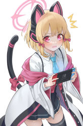Rule 34 | 1girl, absurdres, animal ears, black skirt, black thighhighs, blue archive, cat ears, cat girl, cat tail, collared shirt, commentary request, eyes visible through hair, fake animal ears, hair between eyes, hair ribbon, halo, headphones, highres, holding, hood, hooded coat, ildy, leaning forward, light brown hair, long sleeves, looking at viewer, momoi (blue archive), necktie, nintendo switch, pleated skirt, red eyes, ribbon, school uniform, shirt, short hair, sidelocks, simple background, skirt, solo, suspenders, tail, tail ornament, tail ribbon, thighhighs, tress ribbon, white background, zettai ryouiki