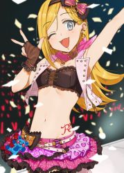Rule 34 | 1girl, arms up, audience, bare arms, bare shoulders, belt, black bra, blonde hair, blush, bow, bra, bracelet, breasts, cleavage, confetti, daifukumochi (qquuiieett), ear piercing, earrings, fingerless gloves, fingernails, frilled skirt, frills, fujimoto rina, gloves, glowstick, grey eyes, gyaru, hair bow, hair ornament, hairband, happy birthday, highres, idol, idolmaster, idolmaster cinderella girls, idolmaster cinderella girls starlight stage, jewelry, long fingernails, long hair, looking at viewer, makeup, miniskirt, moon (ornament), nail polish, navel, necklace, one eye closed, open clothes, open shirt, piercing, pink nails, shirt, skirt, smile, stage, stuffed animal, stuffed toy, tattoo, teddy bear, underwear, zipper