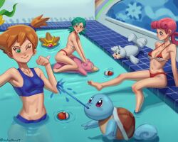 Rule 34 | 3girls, absurdres, afloat, asymmetrical hair, barefoot, bikini, blue bikini, blue eyes, blush, breasts, cleavage, closed mouth, creatures (company), eyelashes, feet, food, game freak, gen 1 pokemon, green eyes, green hair, gym leader, highres, jenny (pokemon), joy (pokemon), legs, long hair, looking at another, looking at viewer, medium breasts, misty (pokemon), multiple girls, navel, nintendo, okashira moppu, one eye closed, open mouth, orange hair, partially submerged, pink hair, poke ball, poke ball (basic), pokemon, pokemon (anime), pokemon (classic anime), pokemon frlg, ponytail, pool, psyduck, red bikini, red eyes, red hair, ripples, seel, short hair, side ponytail, sitting, slowpoke, small breasts, smile, soaking feet, sports bikini, sportswear, squirtle, staryu, swimsuit, thighs, twintails, water, wink